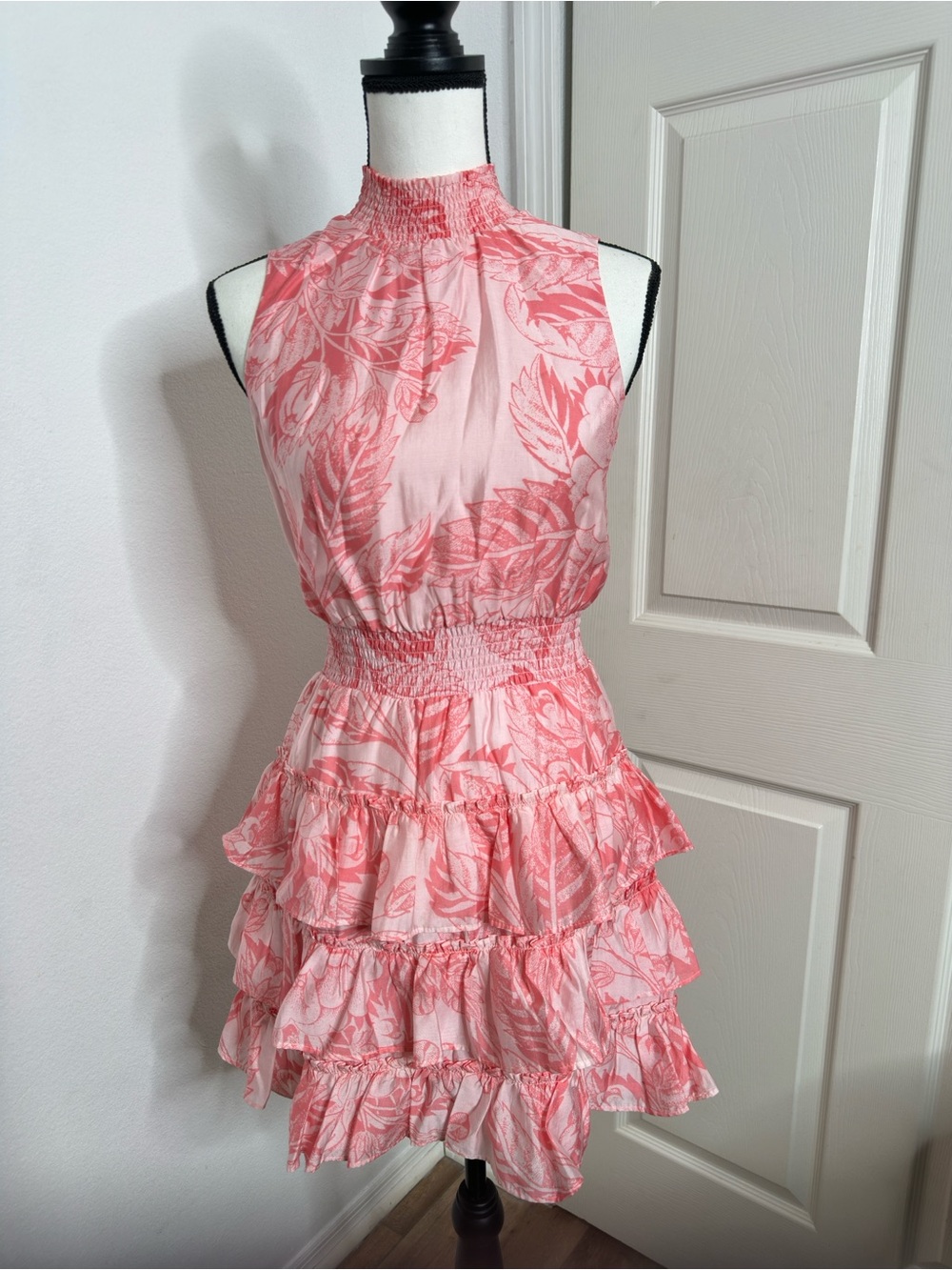 Ramy Brook Pink Leaf Print Smocked Halter Ruffle Mini Dress